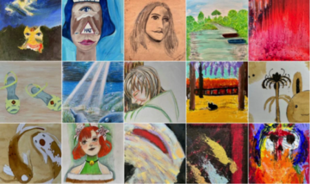 Eine Collage aus vielen gemalten Bildern